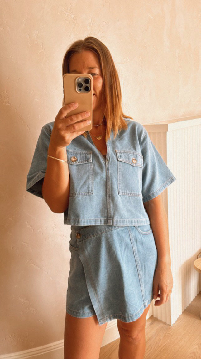 Natalie Light Denim Skort Set