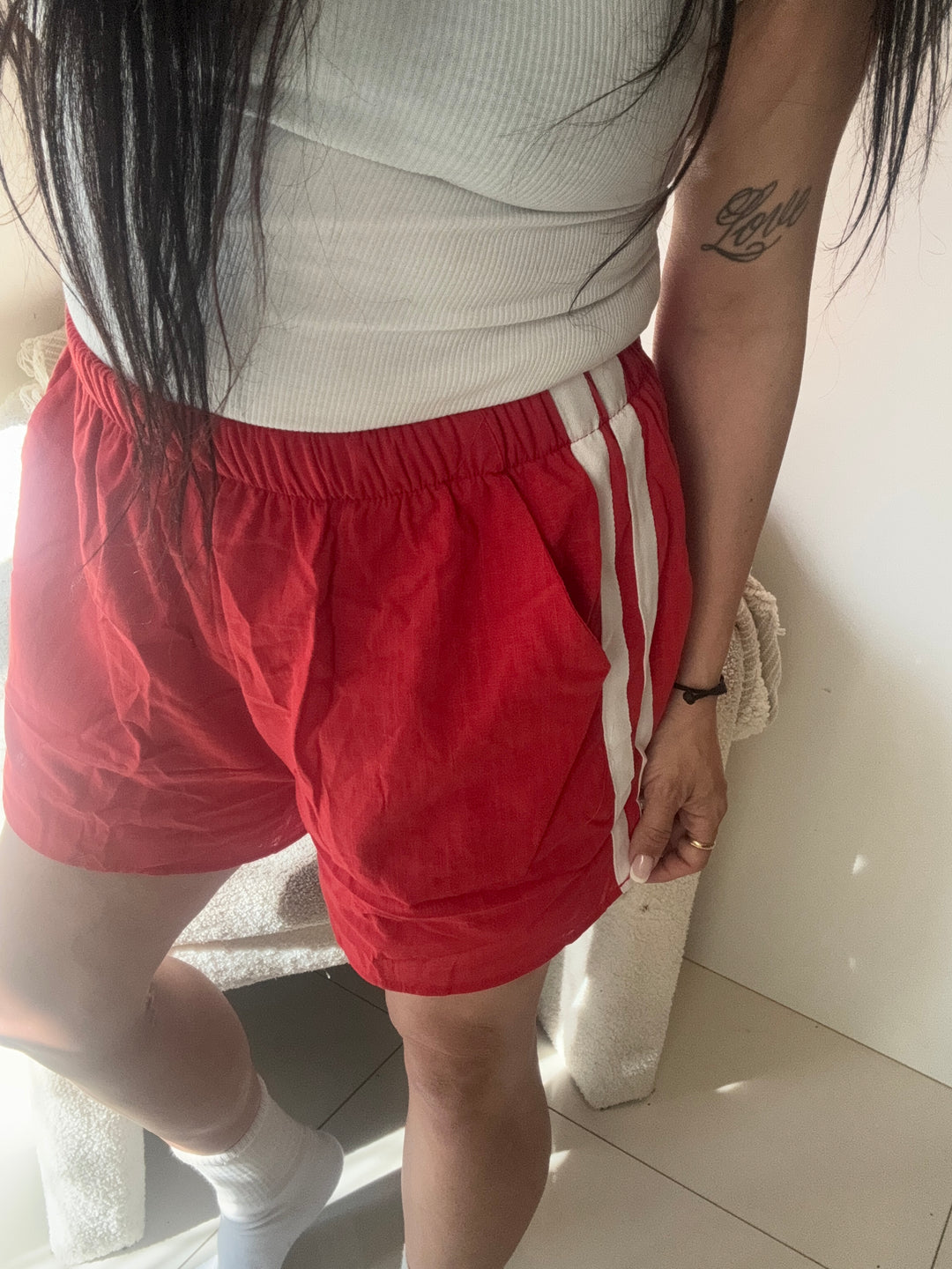 Ruby Red Racer Shorts White Stripe