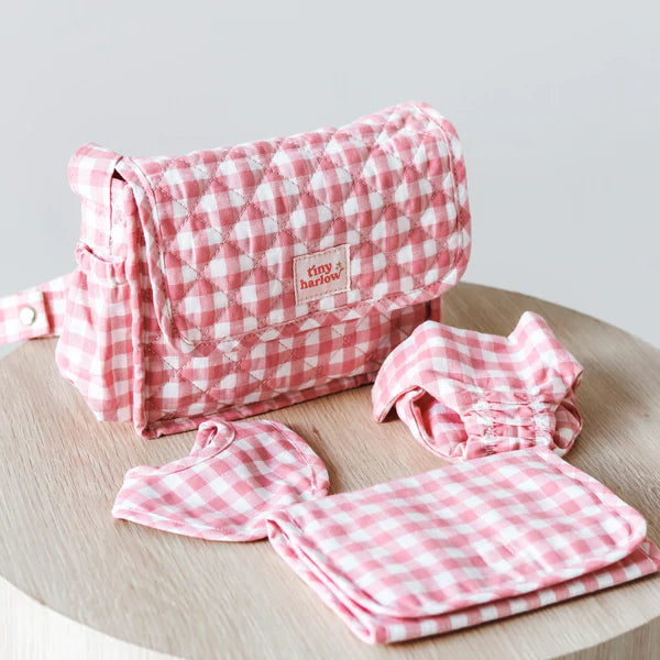 Tiny Harlow Convertible Doll's Nappy Bag Set - Pink Gingham