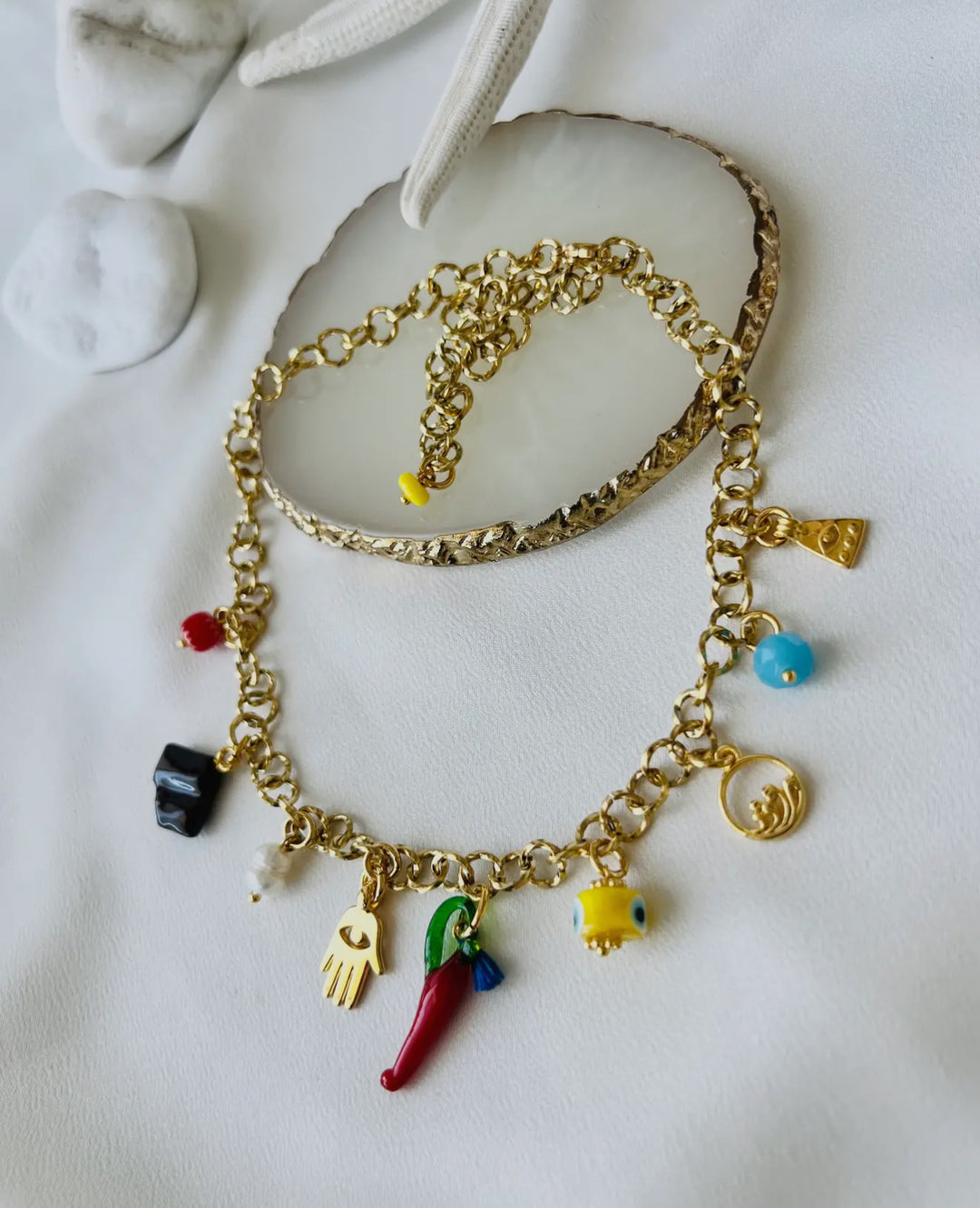 Multi Charm Summer Necklace and Dark Blue Beaded Necklace