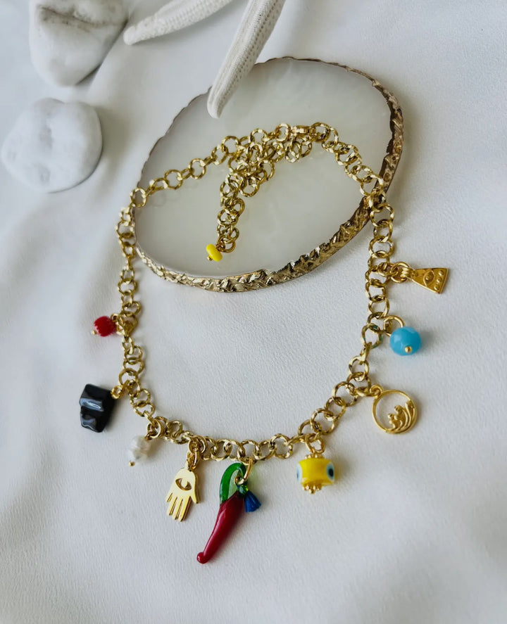 Multi Charm Summer Necklace and Dark Blue Beaded Necklace