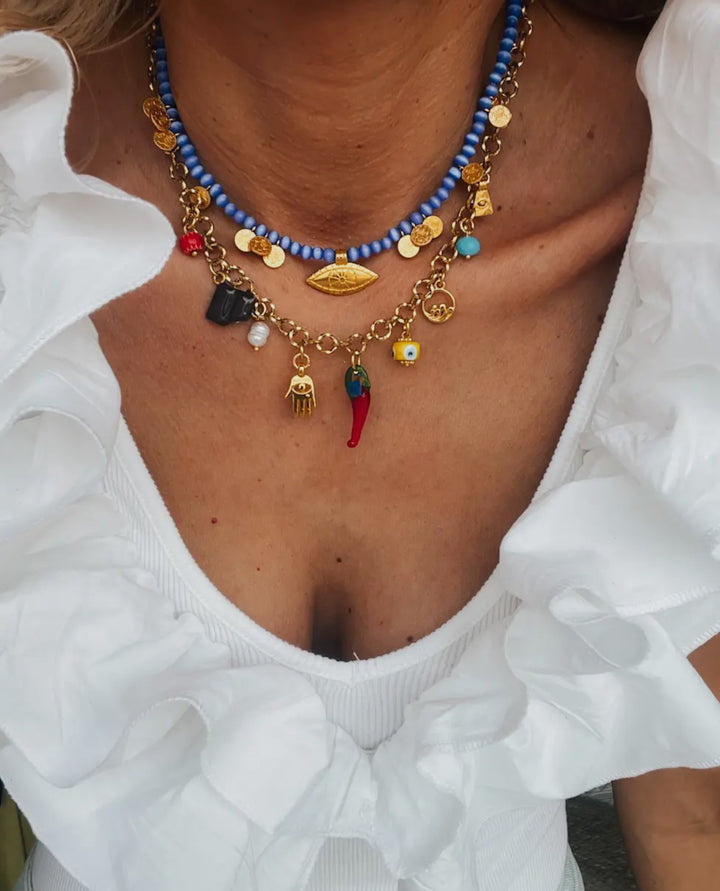 Multi Charm Summer Necklace and Dark Blue Beaded Necklace