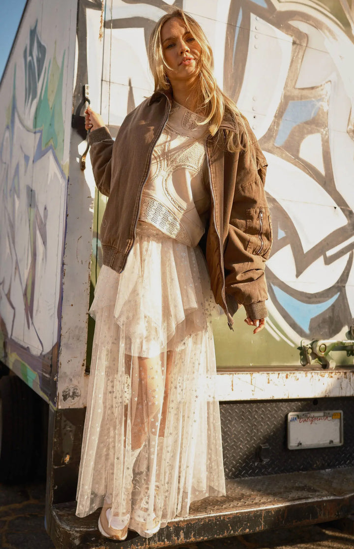 Sarina Oversized Brown Denim Wash Bomber Jacket
