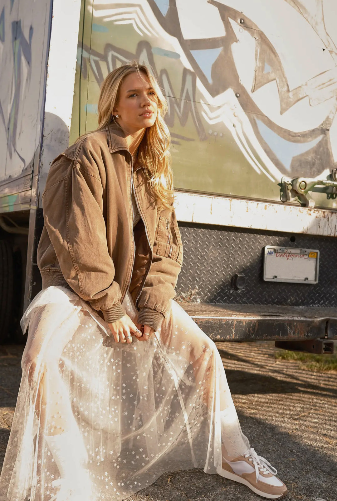 Sarina Oversized Brown Denim Wash Bomber Jacket