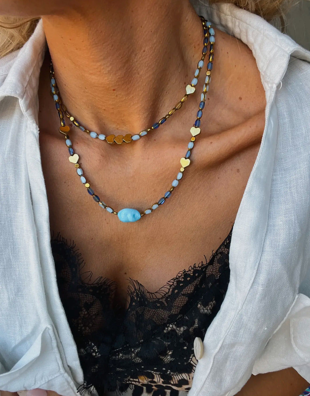 Multicolor Beaded Necklace with Turquoise and Gold Details- Short with 3 hearts