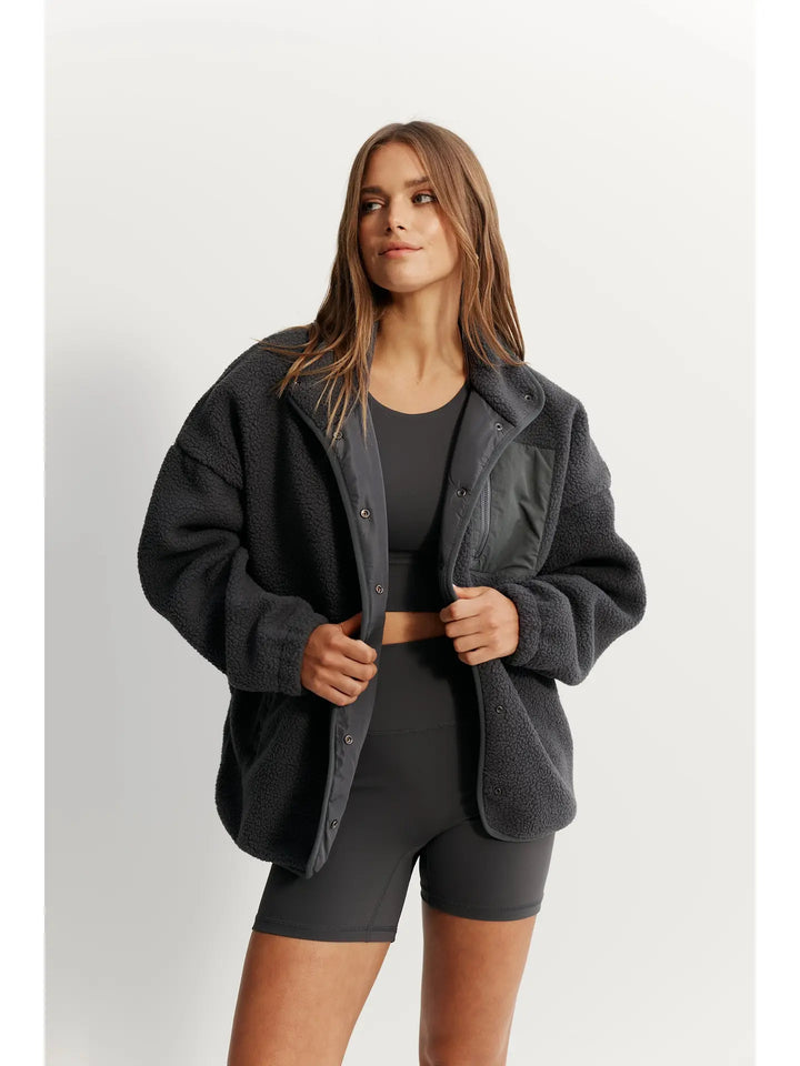 Teddy Full Snap Fleece Jacket - Charcoal