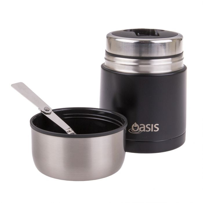 MATTE BLACK OASIS STAINLESS STEEL VACUUM INSULATED FOOD FLASK W/ SPOON 600ML