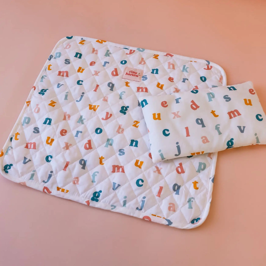 Tiny Harlow Doll's Quilted Bedding Set - alphabet soup