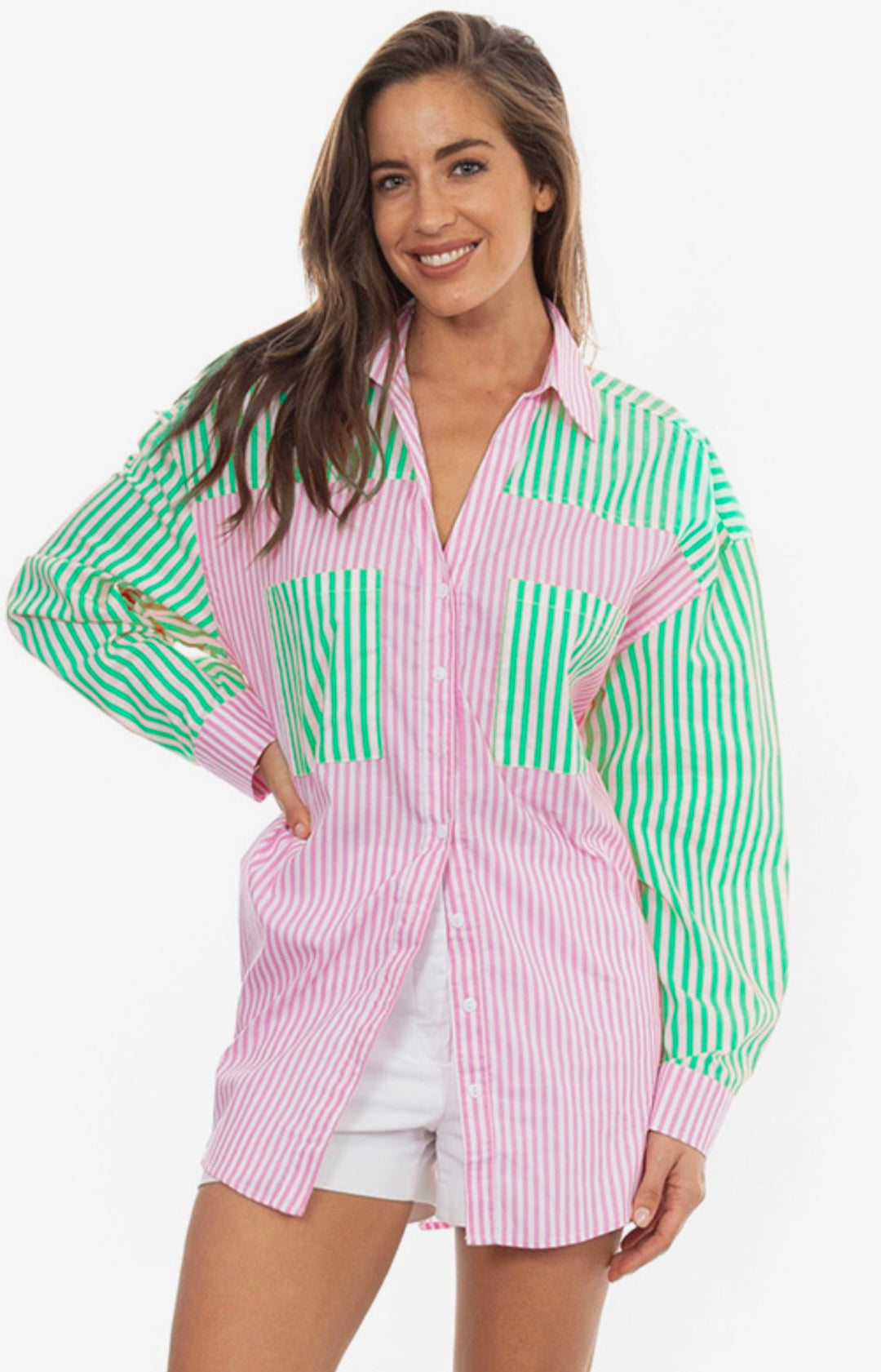 Pink and Green Striped Shirt