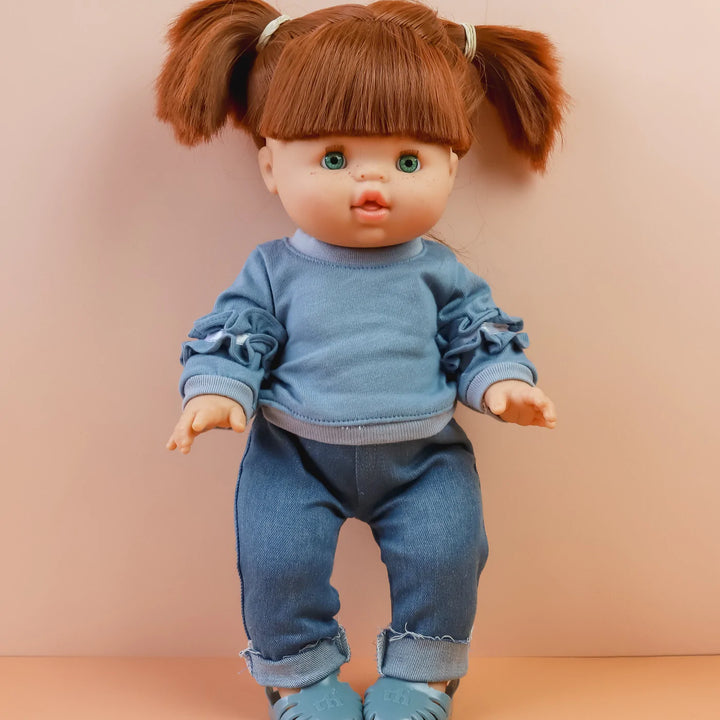 tiny threads ruffle jumper and denim pant set