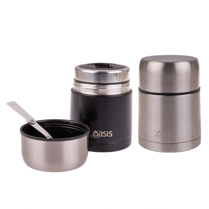 SILVER OASIS STAINLESS STEEL VACUUM INSULATED FOOD FLASK W/ SPOON 600ML