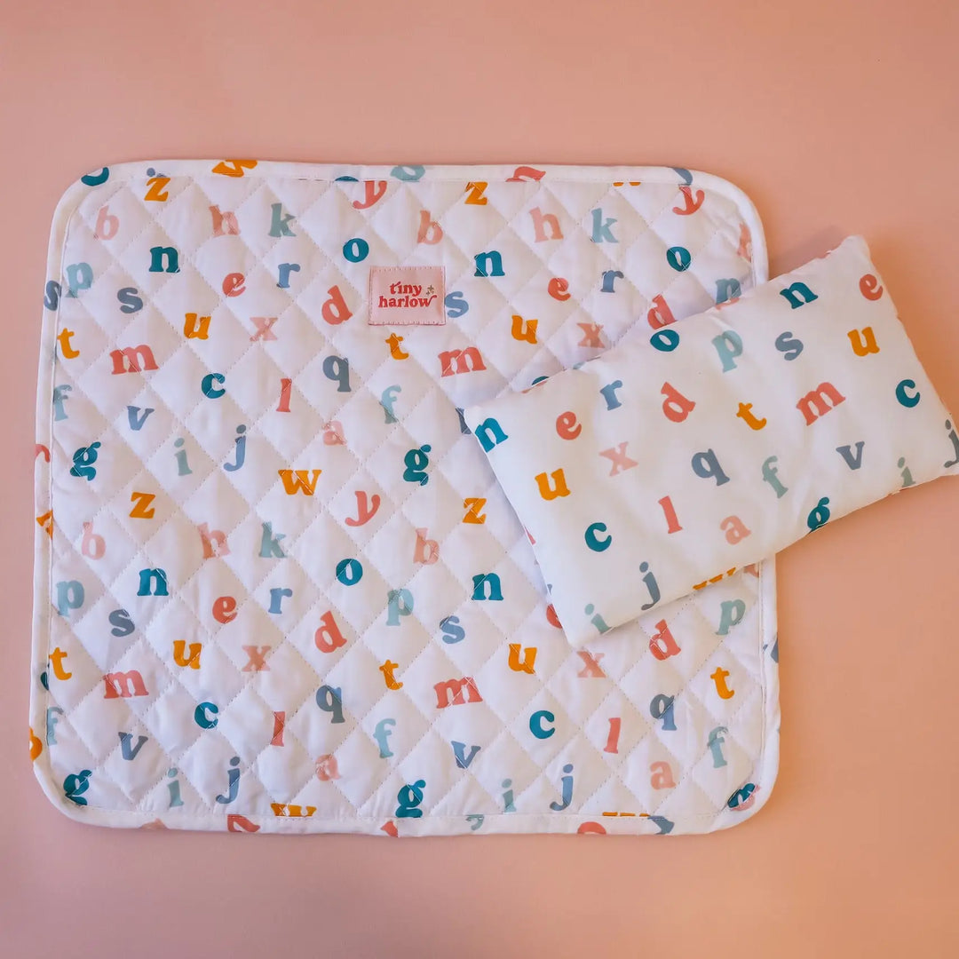 Tiny Harlow Doll's Quilted Bedding Set - alphabet soup
