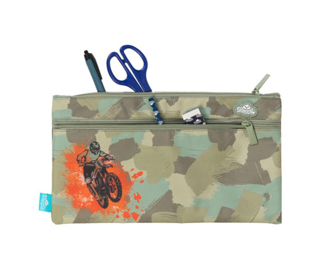 Twin Zip Pencil Case - Camo Biker